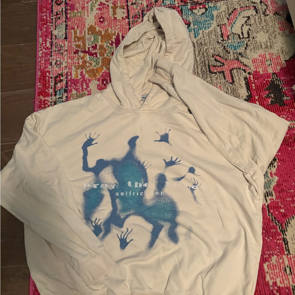Cream Hoodie with Blue Graphic